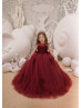 Maroon Lace Applique Tulle Keyhole Corset Back Flower Girl Dress